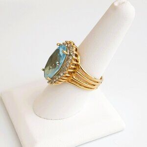 Gold Solitaire Oval Light Blue Ring 8.75 Clear Stone Baguettes Statement Jewelry